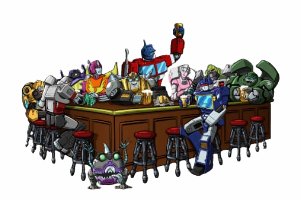 Transformers characters gathered together around a bar